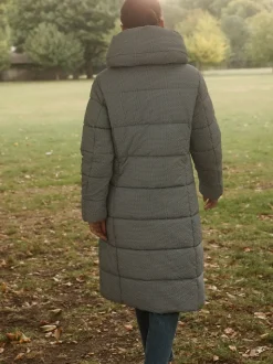 Vichy bleu - Manteau long matelassé à capuche résistant à la douche