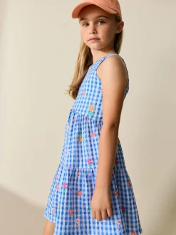 Vichy bleu - Robe d'été à bretelles Effet froissé (3-16ans)