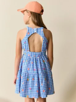 Vichy bleu - Robe d'été à bretelles Effet froissé (3-16ans)
