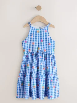 Vichy bleu - Robe d'été à bretelles Effet froissé (3-16ans)