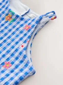 Vichy bleu - Robe d'été à bretelles Effet froissé (3-16ans)