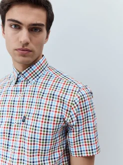 Vichy bleu/rouge - Chemise Oxford Easy Iron boutonnée à manches courtes