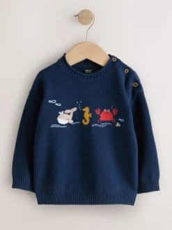 Vie marine bleu marine - Personnage Pull Col rond en maille (3mois-7ans)