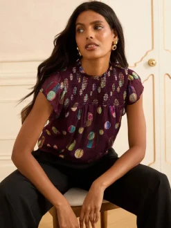 Violet à pois - Love & Roses haut métallisé à col ras du cou