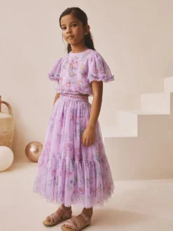 Violet lilas - Ensemble Lehenga haut et jupe fleuri avec ornements (3-16ans)