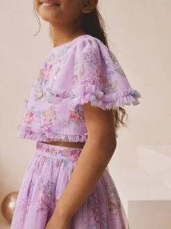 Violet lilas - Ensemble Lehenga haut et jupe fleuri avec ornements (3-16ans)