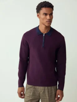 Violet/bleu marine - Col zippé - Polo N.premium en maille à manches longues haut de gamme à manches longues