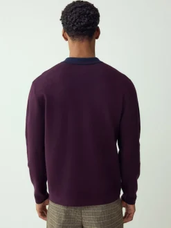 Violet/bleu marine - Col zippé - Polo N.premium en maille à manches longues haut de gamme à manches longues