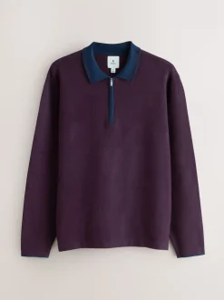 Violet/bleu marine - Col zippé - Polo N.premium en maille à manches longues haut de gamme à manches longues