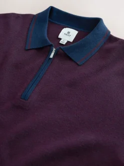 Violet/bleu marine - Col zippé - Polo N.premium en maille à manches longues haut de gamme à manches longues