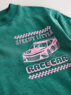 Voiture de course verte/rose - T-shirt Manches courtes Back Imprimé (3mths-7yrs)