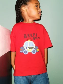 Voiture de police rouge - T-shirt appliqué Manches courtes (3mths-7yrs)